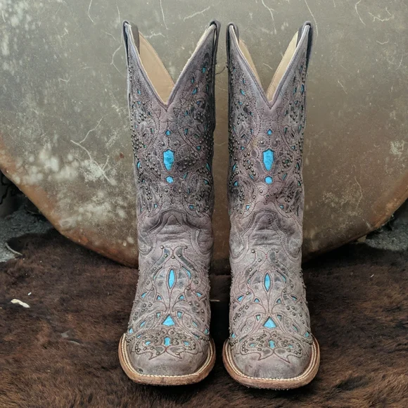 CORRAL A1149 brown studded leather cowgirl western boots turquoise inlay sz 7 - Picture 5 of 16